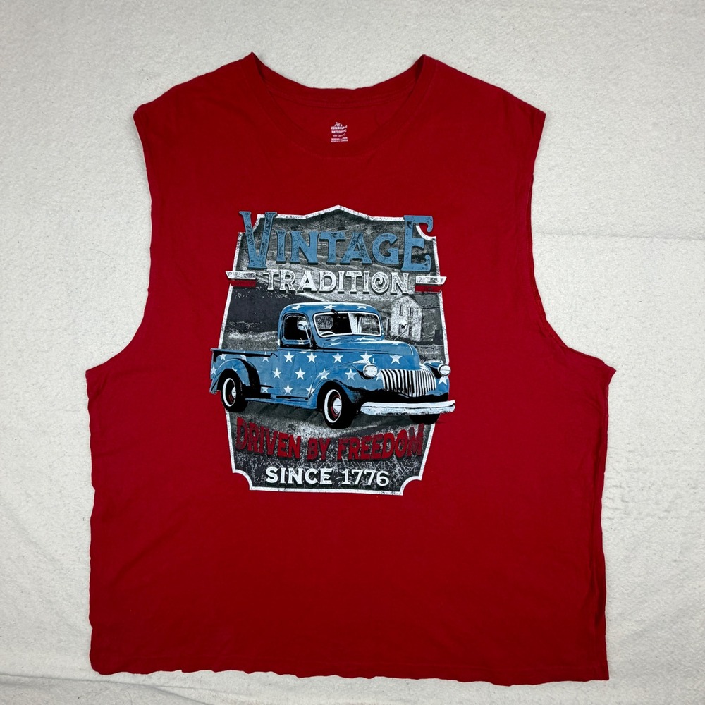 Way to Celebrate Patriotic Mens 2XL Red Vintage Truck Muscle Tank Top Shirt